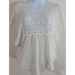 Red Camel Beige Crochet Bodice Popcorn Knit Sweater XS Dolman Sleeve Hi Low Hem